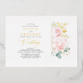 ロマンチエレガントックピンクの花と緑結婚の香り 箔招待状 (正面)