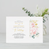 ロマンチエレガントックピンクの花と緑結婚の香り 箔招待状 (立ち正面)