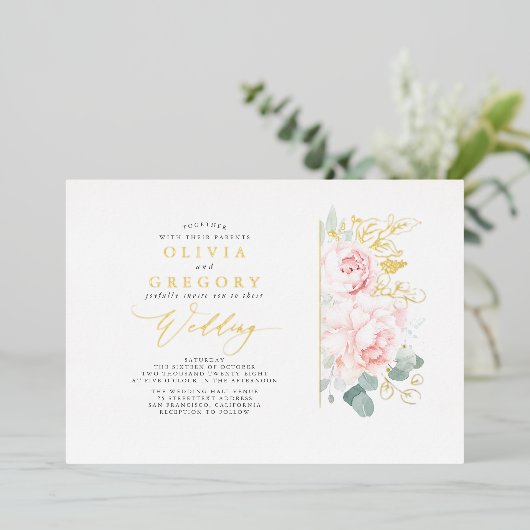 ロマンチエレガントックピンクの花と緑結婚の香り 箔招待状 (立ち正面)