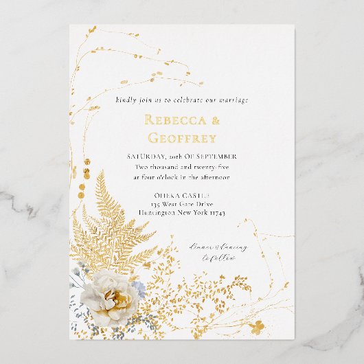 ロマンチエレガントックフローラウォーター結婚カラーの金ゴールド 箔招待状 (正面)