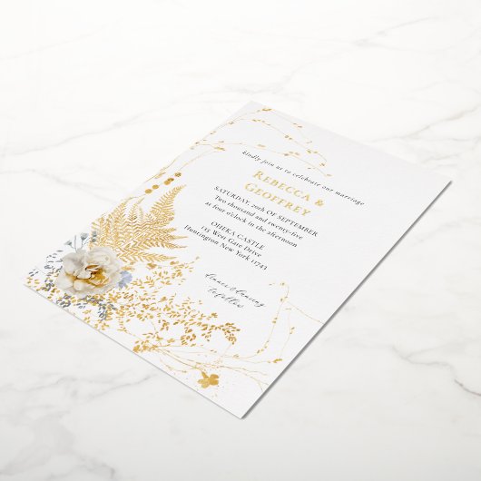 ロマンチエレガントックフローラウォーター結婚カラーの金ゴールド 箔招待状 (回転した状態)