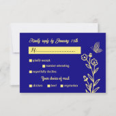 ロマンチエレガントック王室のな金ゴールドの花結婚青 出欠カード (正面)