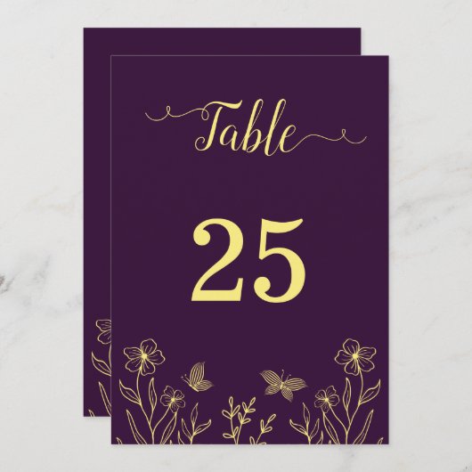 ロマンチエレガントック金ゴールド花紫色のテーブル番号 招待状 (正面/裏面)