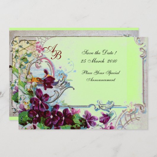 ロマンチカ4 モノグラム、紫と緑のウェディングパーティ 招待状 (正面/裏面)