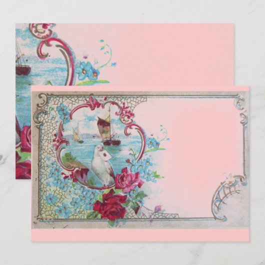 ロマンチカ エレガント フラワーブルー ピンク ウェディングパーティー 招待状 (正面/裏面)