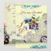 ロマンチカ フローラル ブルー ピンク ホワイト ウェディング パンジー 招待状 (正面/裏面)