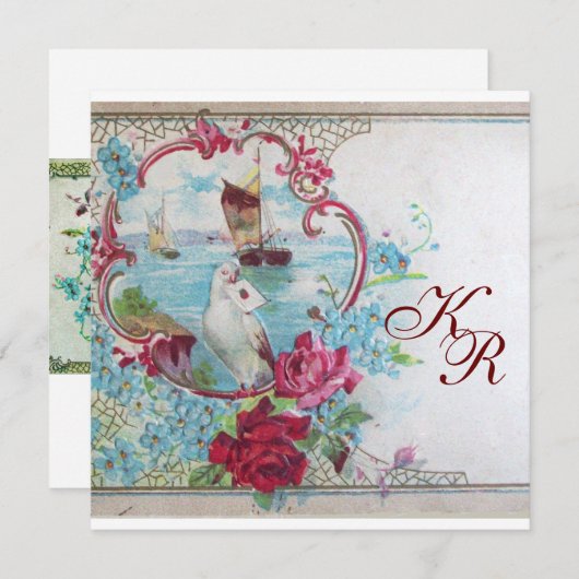 ロマンチカ/ホワイトドーブ、ローズ フラワーのウェディングモノグラム 案内状 (正面/裏面)