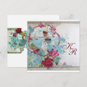 ロマンチカ/ホワイトドーブ、ローズ フローラル ウェディング モノグラム 案内状 (正面/裏面)