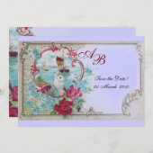 ロマンチカ モノグラム 花柄 ピンク ブルー ウェディングパーティー セーブザデート (正面/裏面)