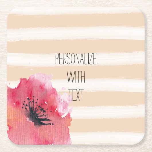 ロマンチシンプルックストライプフローラ水彩 スクエアペーパーコースター (正面)