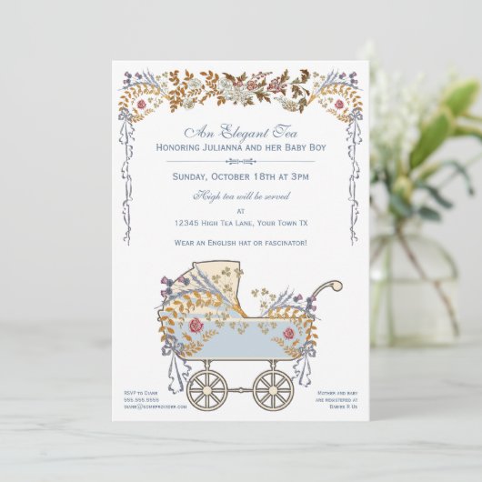 ロマンチッエレガントクフローラベビー乳母車シャワー 招待状 (スタンド正面)