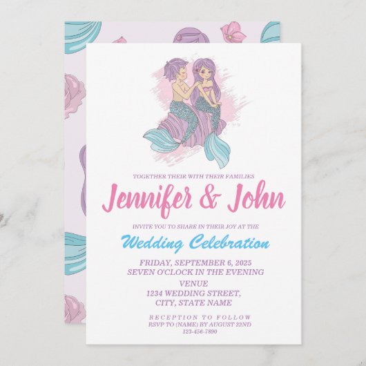 ロマンチックおとぎ話マーメイド結婚式招待状 招待状 (正面/裏面)