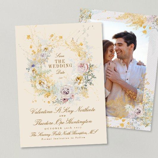 ロマンチックお洒落な植物リースの結婚写真 セーブザデート