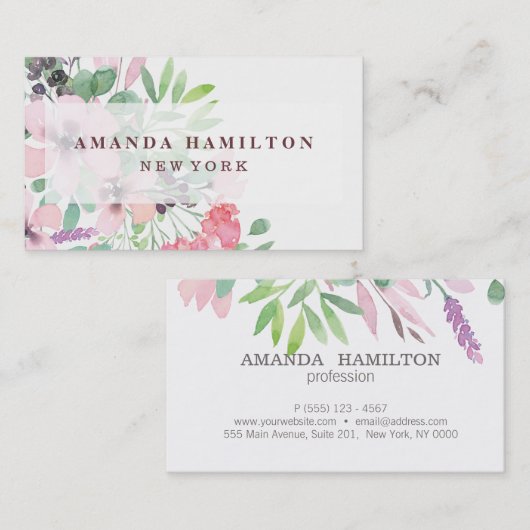 ロマンチックかわいらしなウォーターカラーフラワーブーケ 名刺 (正面/裏面)