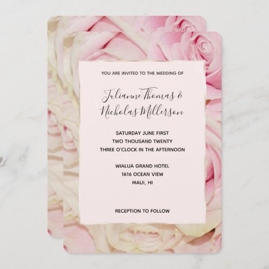 ロマンチックかわいらしなピンクのクリームバラの結婚式の誘い 招待状 (正面/裏面)