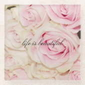 ロマンチックかわいらしなピンクのクリームバラ ガラスコースター (正面)