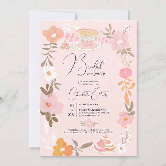 ロマンチックかわいらしなフローラティーパーティーブライダルシャワー 招待状 (正面)