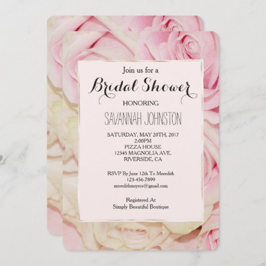 ロマンチックかわいらしピンククリームバラブライダルシャワー 招待状 (正面/裏面)