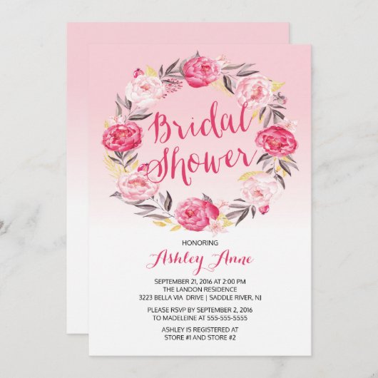 ロマンチックかわいらしピンクフローラリースブライダルシャワー 招待状 (正面/裏面)