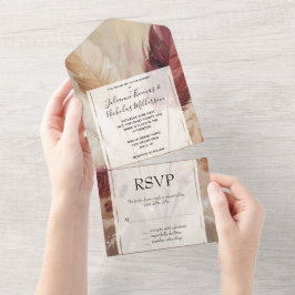 ロマンチックかわいらしレッドクリームボホフェザー結婚ズ オールインワン招待状