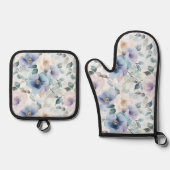 ロマンチックでかわいいラベンダーパープルホワイトの花 鍋つかみ&鍋敷きセット (正面)