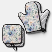 ロマンチックでかわいいラベンダーパープルホワイトの花 鍋つかみ&鍋敷きセット (正面/裏面)