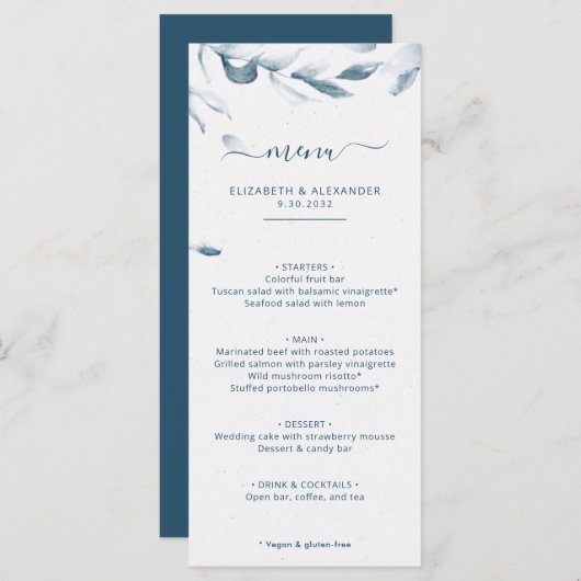ロマンチックでエレガントな青い水彩画のシンプルな結婚式 メニュー (正面/裏面)