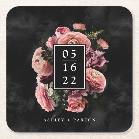 ロマンチックでムーディースピンクブーケオンブラック スクエアペーパーコースター (正面)