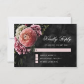 ロマンチックでムーディースピンクブーケオンブラック 出欠カード (正面)