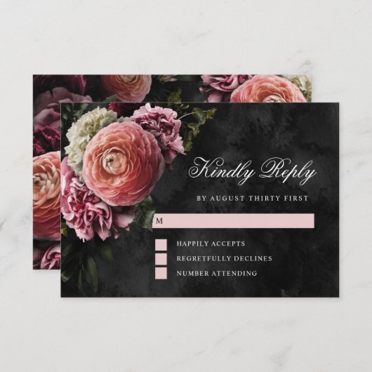 ロマンチックでムーディースピンクブーケオンブラック 出欠カード (正面/裏面)