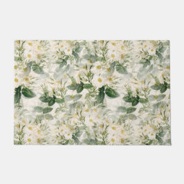 ロマンチックで滑らかな白い花と緑の葉花 ドアマット