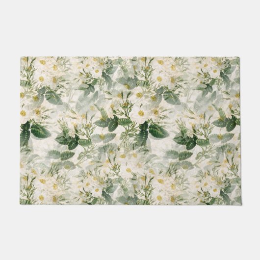 ロマンチックで滑らかな白い花と緑の葉花 ドアマット (正面)