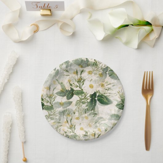 ロマンチックで滑らかな白い花と緑の葉花 ペーパープレート (ウェディング)