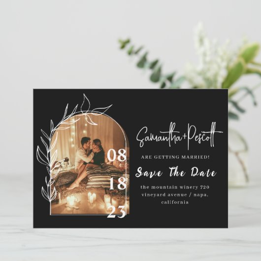 ロマンチックで繊細な黒のアーチ日付カードを保存 招待状 (スタンド正面)