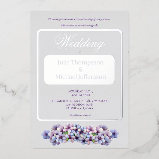 ロマンチックで詩的なパステル薄紫ウォーターカラー 箔招待状 (正面)