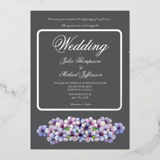 ロマンチックで詩的なパステル薄紫ウォーターカラー 箔招待状 (正面)