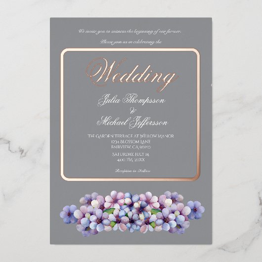 ロマンチックで詩的なパステル薄紫ウォーターカラー 箔招待状 (正面)