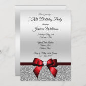 ロマンチックで赤い弓及び銀のグリッターの誕生日 招待状 (正面/裏面)