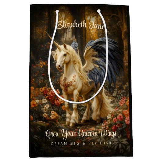 ロマンチックなおとぎ話の森のユニコーンと翼 ミディアムペーパーバッグ (正面)