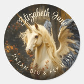 ロマンチックなおとぎ話の森のユニコーンと翼 ラウンドシール (正面)