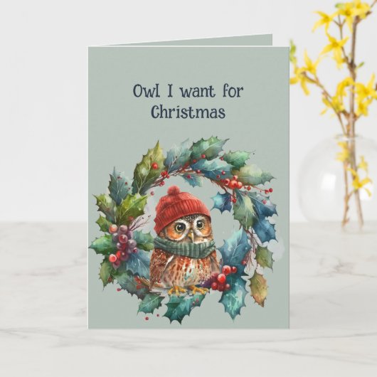 ロマンチックなおもしろいフクロウ私がクリスマスのために欲しいのはYOU カード (黄色い花)