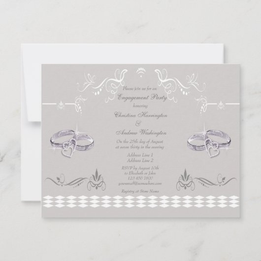 ロマンチックなきらめく結婚指輪及びハートの婚約 招待状 (裏面)