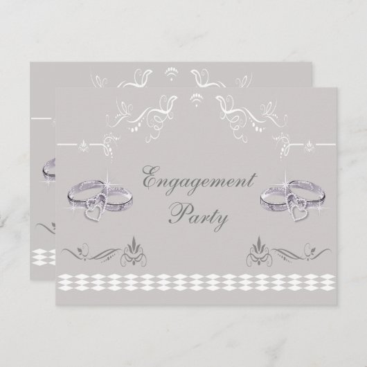 ロマンチックなきらめく結婚指輪及びハートの婚約 招待状 (正面/裏面)