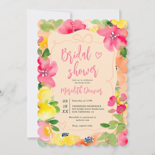 ロマンチックなはっきりしたボホピンクフローラボウブライダルシャワー 招待状 (正面)