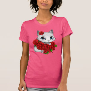 ロマンチックなばら色猫のピンクMei Yu著細い適合のTシャツ Tシャツ