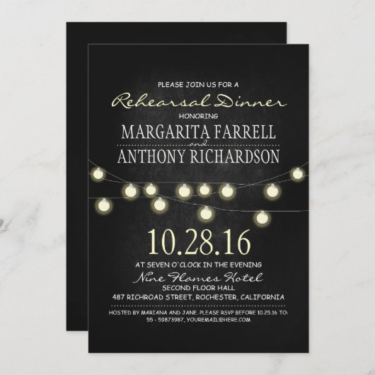 ロマンチックなひもは黒板のリハーサルの夕食をつけます 招待状 (正面/裏面)