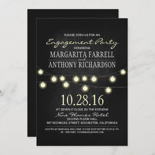 ロマンチックなひもは黒板の婚約パーティをつけます 招待状 (正面/裏面)