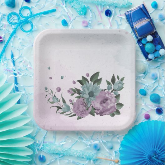 ロマンチックなほこりっぽい紫と青の花 ペーパープレート (パーティー)