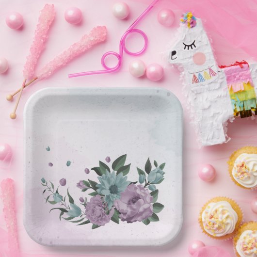 ロマンチックなほこりっぽい紫と青の花 ペーパープレート (パーティー)