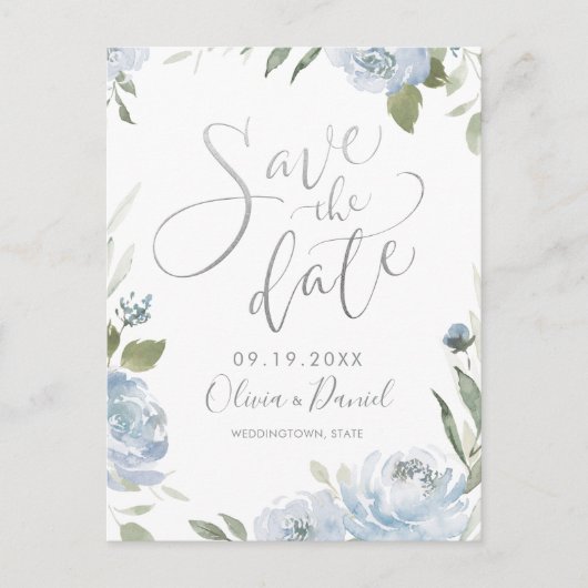 ロマンチックなほこりっぽい青い書道は日付を保存 ポストカード (正面)